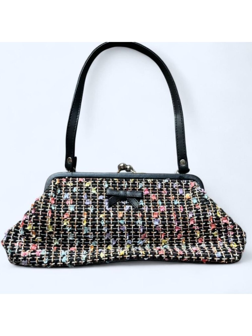 Black and Rainbow Woven Tweed Purse Bow Detail Kisslock Demure Dainty Vintage